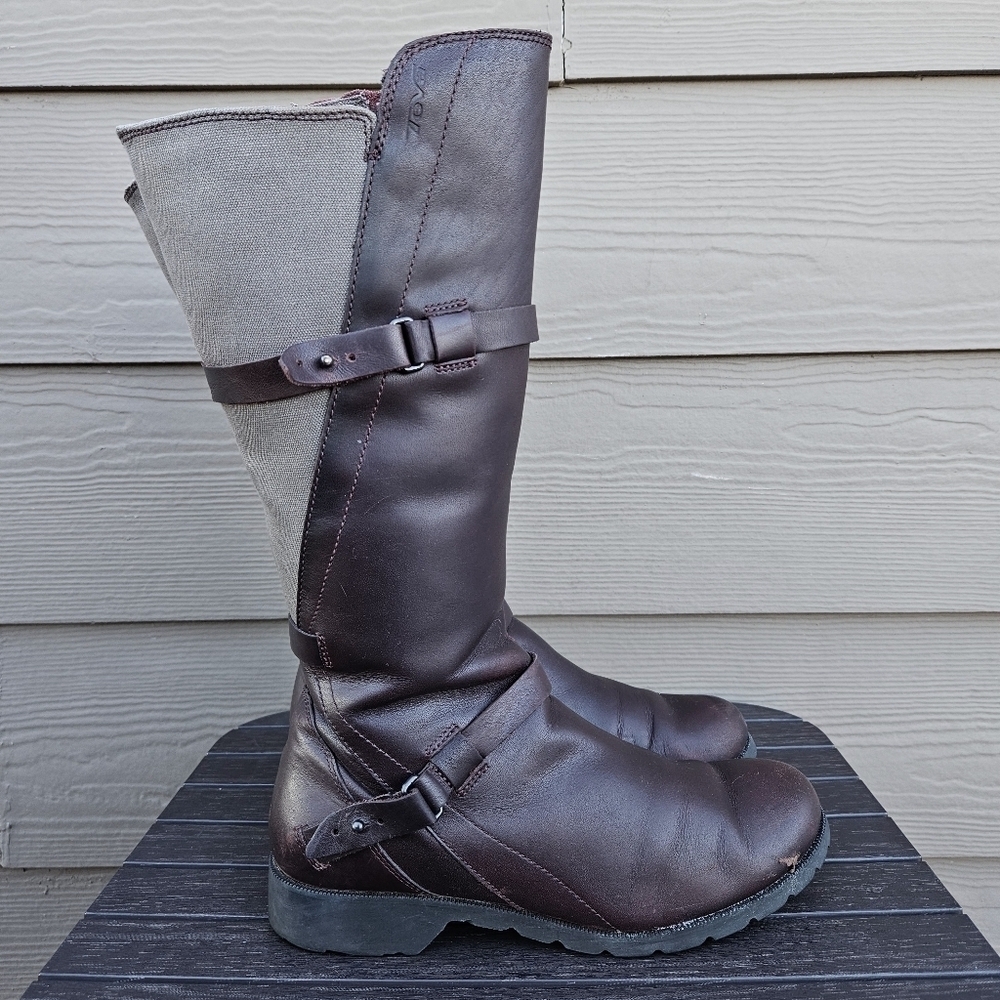 TEVA DE LA VINA Waterproof Brown Leather Riding Boots Tall Side Zip Size 7.5